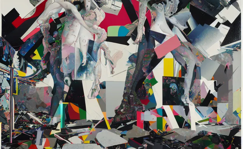 Prompt: decollage painting of a balenciaga campaign struggling in a ruined city by adrian ghenie and takato yamamoto and edward hopper and mark ryden and tsutomu nihei, part by bridget riley, acrylic pour and splashing paint, very coherent, baroque elements, perfect anatomy, intricate design. pop art.