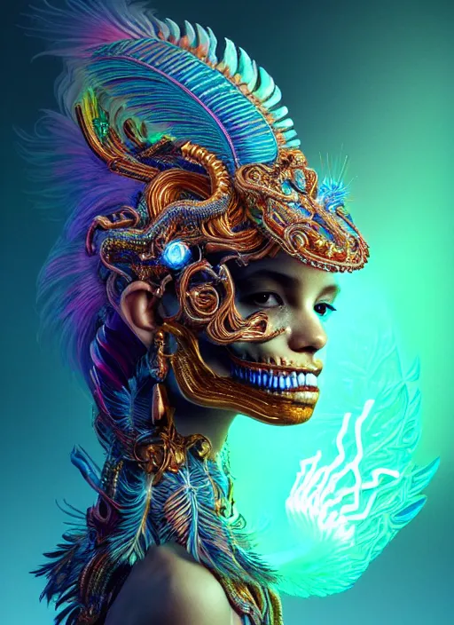 Prompt: 3 d goddess portrait, 8 k micro details global illumiantion beautiful intricate highly detailed quetzalcoatl skull and feathers. bioluminescent, fire, snow, water, wind, creature, thunderstorm! artwork by tooth wu and wlop and beeple and greg rutkowski, trending on artstation,