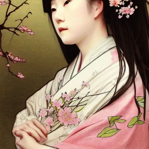 Image similar to side portrait of a young japanese woman wearing a kimono, cherry blossom crown, long hair, hair down, headshot, hyper realistic, pale skin, 4k, rule of thirds, extreme detail, detailed drawing, trending artstation, hd, fantasy, D&D, realistic lighting, by Alphonse Mucha, Greg Rutkowski, sharp focus, backlit, elegant