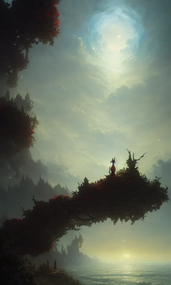 Prompt: the dawn brought by a thousand roses, sky full of clouds, art by greg rutkowski and peter mohrbacher, featured in artstation, octane render, cinematic, elegant, intricate, ultra detailed, rule of thirds, professional lighting, unreal engine, fantasy, concept art, sharp focus, illustration, 8 k