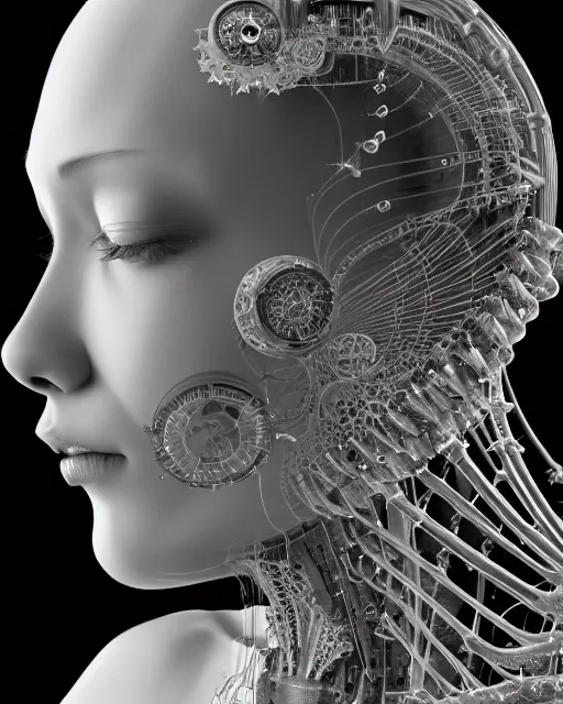 Image similar to mythical dreamy black and white organic translucent bio-mechanical spinal ribbed profile face portrait detail of steampunk mechanical beautiful female angelic-human-queen-realistic-cyborg, highly detailed, intricate crystal jelly ornate, poetic, 3D render, digital art, octane render, 8K artistic photography, photo-realistic, by Dora Maar