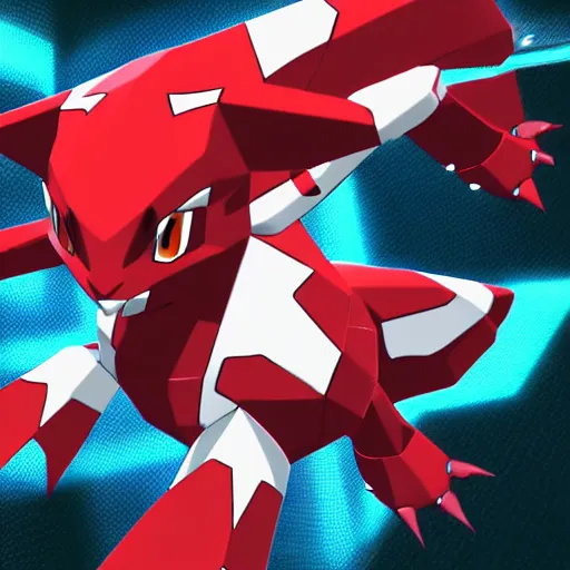 Image similar to guilmon digivolving, flesh ripping to reveal 3 d polygons, digimon