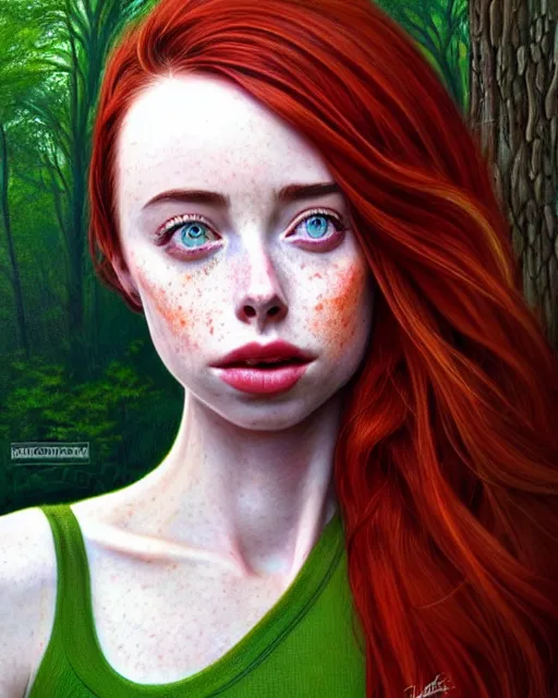 Image similar to realistic character concept, gorgeous Kacey Rohl, red hair, small freckles, symmetrical face, symmetrical eyes, green dress, forest, trees, shorter neck, cinematic lighting, artgerm, Joshua Middleton, Adreas Rocha, beautiful