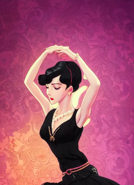 Image similar to a beautiful dancer with black hair in 1930's fashion, ballroom background, intricate, highly detailed, digital painting, artstation, official media, anime key visual, concept art, rich vivid colors, ambient lighting, sharp focus, illustration, art by Artgerm, Makoto Shinkai, Ilya Kuvshinov, Lois Van Baarle, and Rossdraws