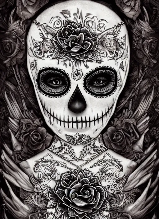 Image similar to portrait of a sugar skull creepy doll, obsidian eyes, intricate, highly detailed, smooth, digital illustration, the dark and quirky art of scott radke