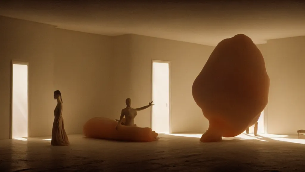 Image similar to a giant hand made of wax and water floats through the living room, film still from the movie directed by Denis Villeneuve with art direction by Zdzisław Beksiński, wide lens