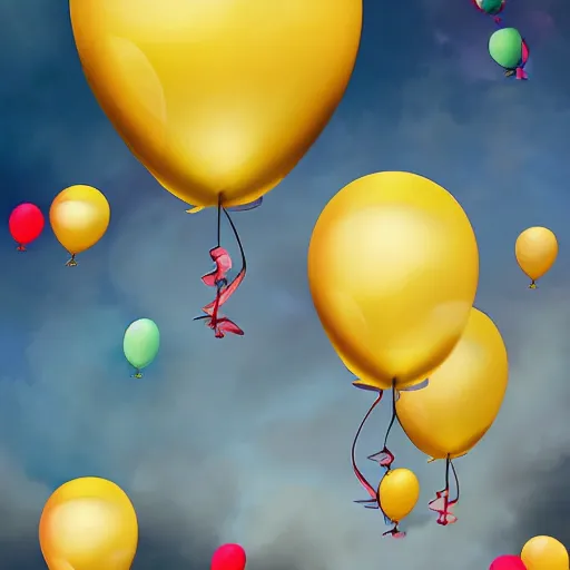 Image similar to digital art of plenty of birthday balloons floating above a beautiful countryside. artstation cgsociety masterpiece