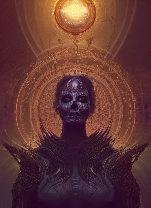 Image similar to portrait, queen of death, glowing halo, mandala, bokeh on background, dramatic lighting, cinematic, establishing shot, extremly high detail, foto realistic, cinematic lighting, post processed, concept art, artstation, matte painting, style by eddie mendoza, raphael lacoste, alex ross. 3d. octane render. by Tooth Wu and wlop and beeple and dan mumford