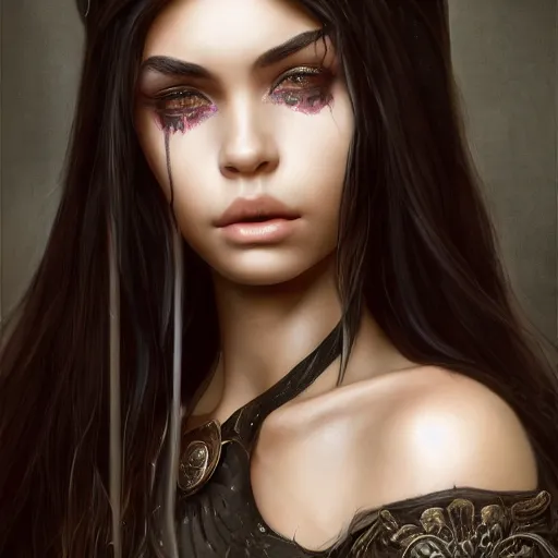 Prompt: portrait very beautiful genetic dark fantasy mix of madison beer bella poarch in mage cloths and long straight black hair, natural makeup tan - looking, professionally retouched, focus eyes, ultra realistic soft painting, insanely detailed linework, partial symmetrical accurate intricate details features, behance artstation, 8 k, tom bagshaw