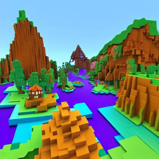 Image similar to a fantasy colorful landscape, rendered as voxels