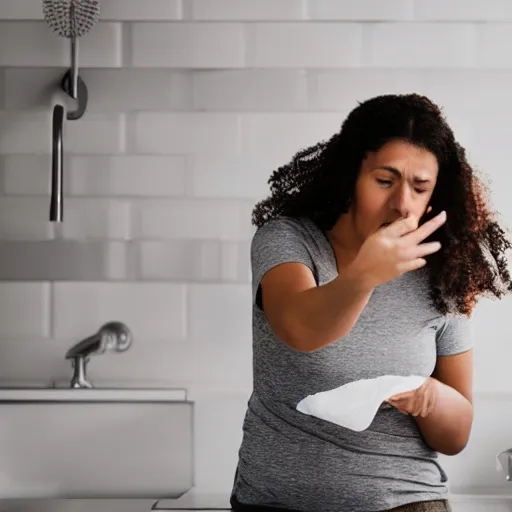 Image similar to a photo of a woman losing her patience because she can't find the paper towel