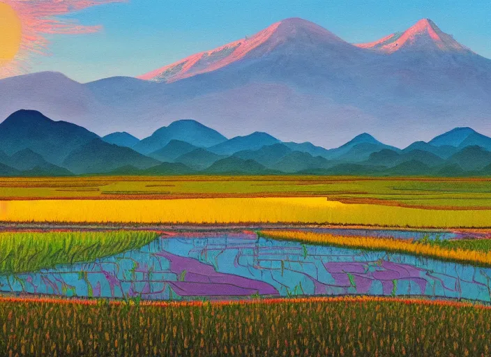 Image similar to painting of a rice paddy with two mountains in the background, a road in the middle, big yellow sun rising between the mountain, masterpiece