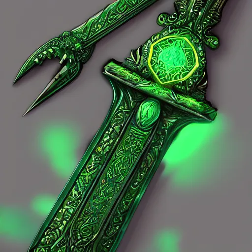 Image similar to symmetric, green fantasy sword, intricate, elegant, highly detailed, digital painting, 4k, HDR, concept art, detailed jewelry, smooth, sharp focus, illustration, matte finish, high contrast, 3d depth, masterpiece, vivid colors, artstationhd