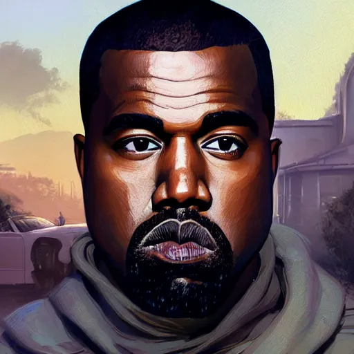 Image similar to highly detailed portrait, kanye west, in gta v, stephen bliss, unreal engine, fantasy art by greg rutkowski, loish, rhads, ferdinand knab, makoto shinkai and lois van baarle, ilya kuvshinov, rossdraws, tom bagshaw, global illumination, radiant light, detailed and intricate environment