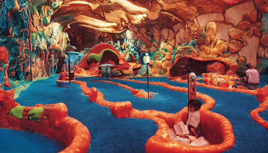 Image similar to 1990s photo of inside the Garfield's Lava Lamp ride at Universal Studios in Orlando, Florida, riding a litter box through a lasagna world, cinematic, UHD