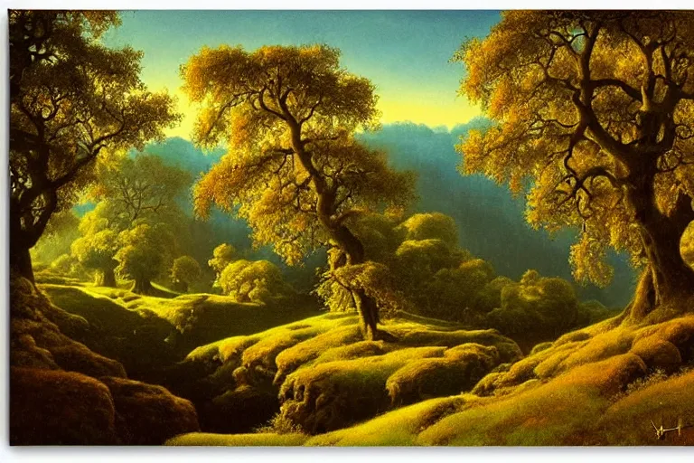 Prompt: masterpiece painting of oak trees on a hillside overlooking a creek, dramatic lighting, by michael hutter