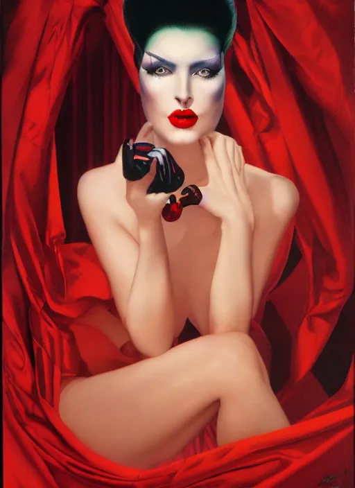 Image similar to an 8 0 s portrait of a woman with dark eye - shadow and red lips with dark slicked back hair dreaming acid - fueled hallucinations by serge lutens, rolf armstrong, delphin enjolras, peter elson, red cloth background