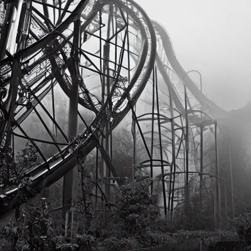 Image similar to abandoned theme park with large rollercoaster that has vines hanging from it, sharp focus, fog, hazy, creepy ambiance, desaturated, highly detailed, artgerm, rutkowski