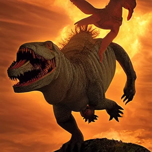 Image similar to jesus christ riding a trex, amazing lighting, heavenly