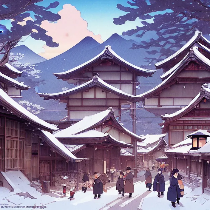 Image similar to japanese rural town, winter, in the style of studio ghibli, j. c. leyendecker, greg rutkowski, artem