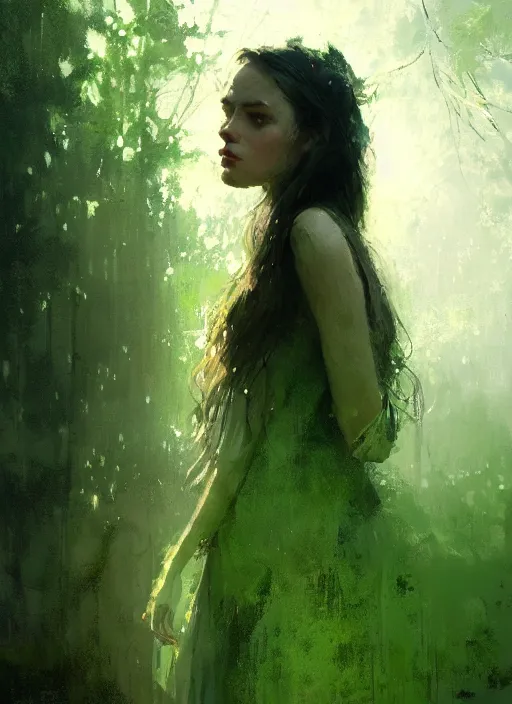 Prompt: outdoor portrait of a beautiful girl, shades of green, beautiful face, rule of thirds, intricate outfit, spotlight, by greg rutkowski, by jeremy mann, digital painting