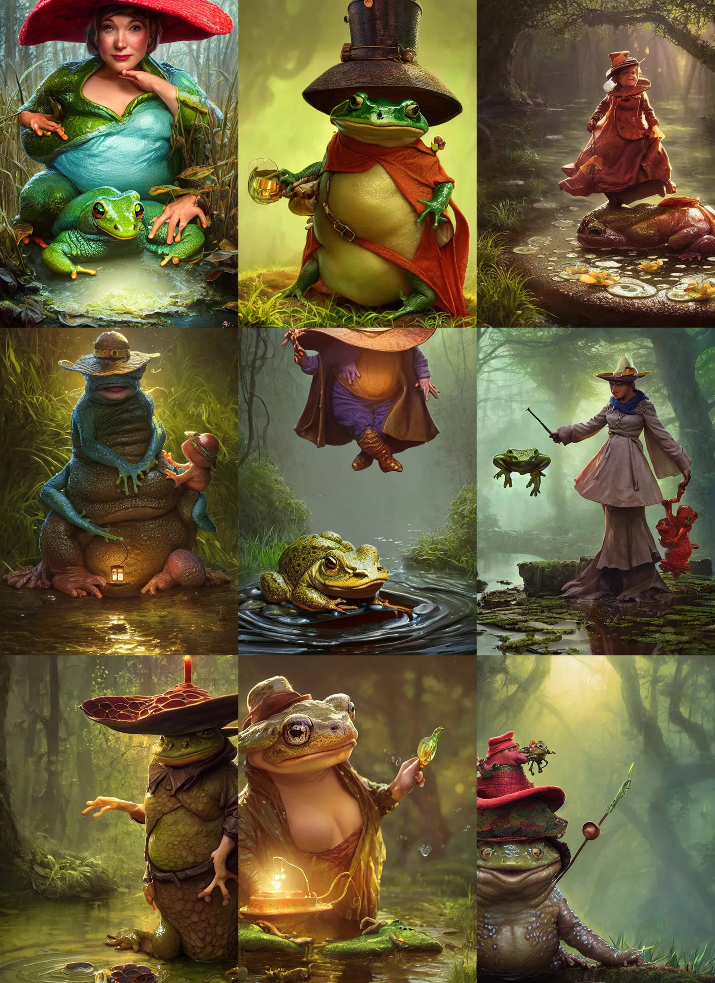 Prompt: mother toad cute amphibian magician with wirzards hat and cape, unreal engine, octane render, dramatic lighting, pond, digital art, by Stanley Artgerm Lau, greg rutkowski, thomas kindkade, alphonse mucha, loish, norman Rockwell