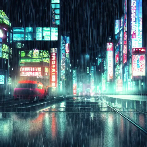 Prompt: “photrealistic 8k render of a cyberpunk anime city in the rain, Ufotable, Kyoto Animation, White Fox”