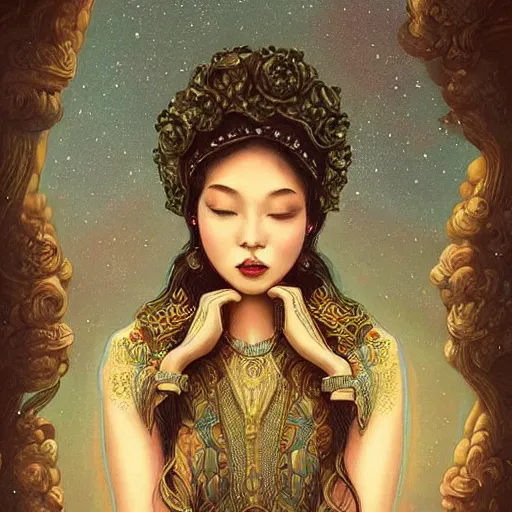 Image similar to intricate, amazing, retro vintage and romanticism, painting by natelle quek, soft color palette, highly detailed, godess from space sci - fi of ancient religion