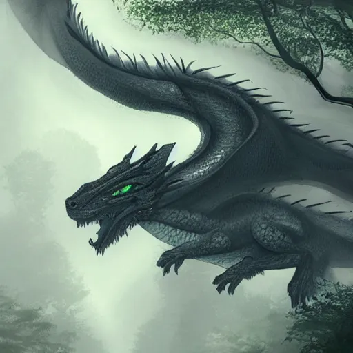Image similar to peaceful dragon in a beautiful, misty forest, leaning over a steep hill, elongating its neck to sip water from the flowing, turbulent river, trending on artstation, intricately defined, complexly detailed, robustly ordinated, 4 k quality, digital art
