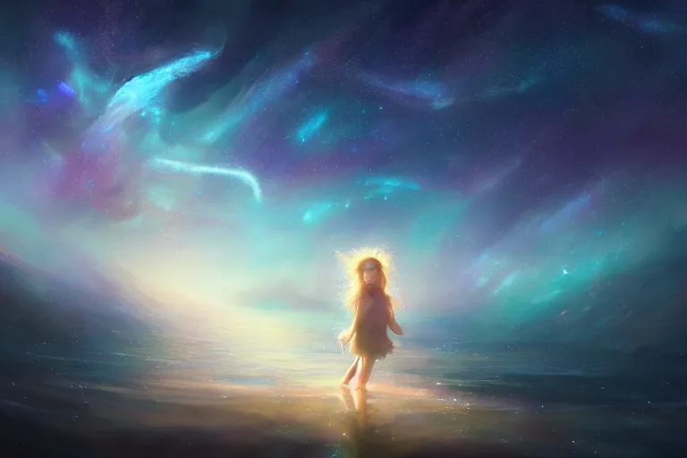 Image similar to the night sky is an upside down ocean, the stars are fish in the depths, the night sky is a sea, distant nebula are glowing algae, the ghostly cosmic star child looks down from the veil of the sky, her hair is the milky way, starscape of luminous pastels, fantasy painting by jessica rossier