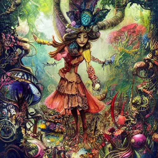 Prompt: alice in wonderland tripping on ayahuasca, intricate detail, painting, royo, frazetta, whealan,