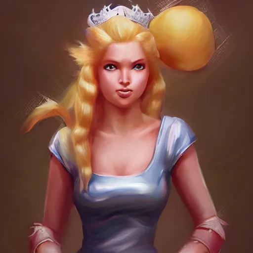 Prompt: princess peach tennis as realistic blond pretty human character art portrait, matte fantasy painting, deviantart artstation, by jason felix by steve argyle by tyler jacobson by peter mohrbacher, cinema c 9. 0