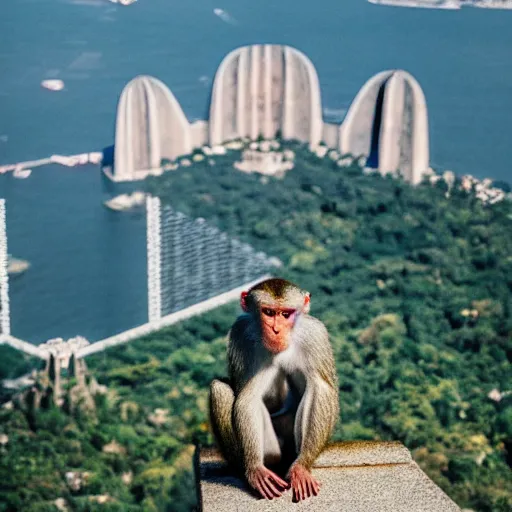 Image similar to high quality portrait of a monkey in front of Christ The Redeemer, studio photograph, photograph, realistic photo, 8k photo, 4k photo, stock photo, high resolution, cinematic shot, high detail