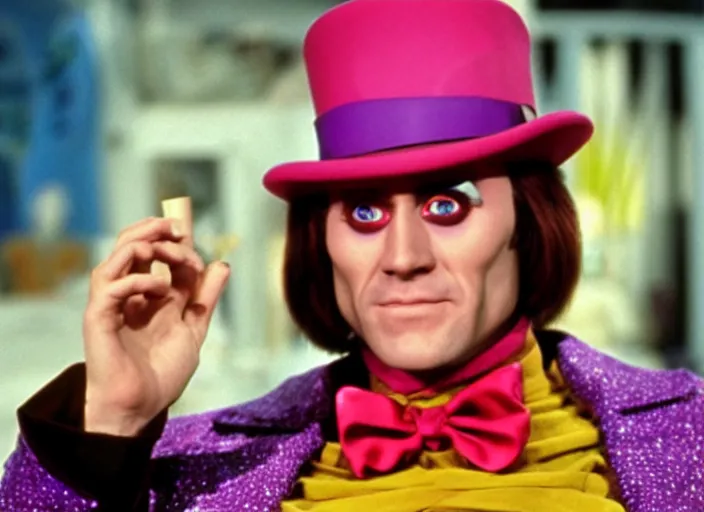 Prompt: film still of Jim Carrey as Willy Wonka in Willy Wonka and the Chocolate Factory 1971