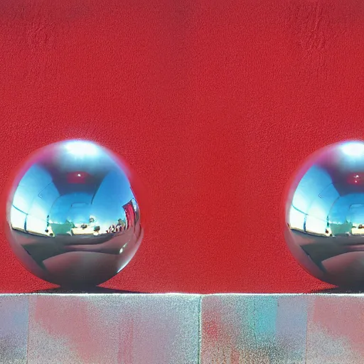 Prompt: chrome spheres on a red cube, kodak ektar photograph