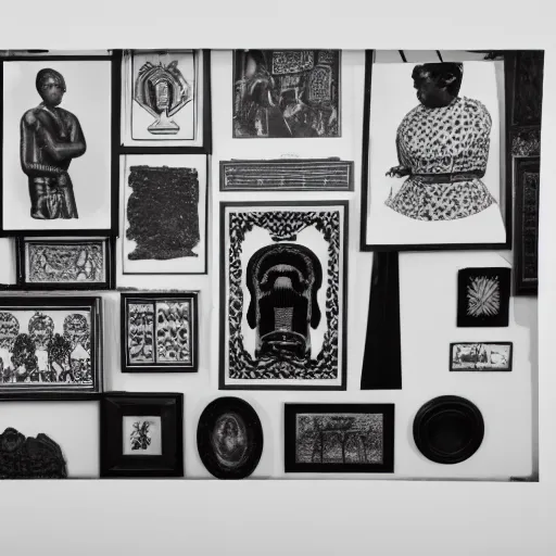 Prompt: a black and white screen print photography of a arrangement of colonial objects, 6 0 s ( ( ( ( ( anthropology ) ) ) ) ) colonial, meta exotic artifacts