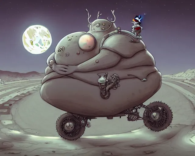 Prompt: a cell shaded cartoon grey lovecraftian mechanized santa, rotund shape, on a desert road, wide shot, in front of a big moon, muted colors, post grunge, josan gonzales, wlop, by james jean, victor ngai, hq, deviantart, art by artgem