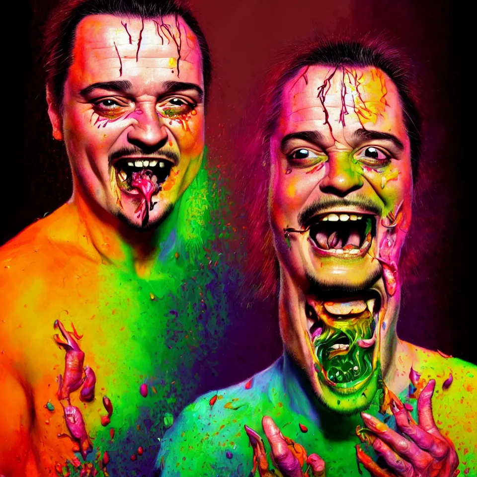 Prompt: bright psychedelic mike patton eating rotten flesh, smiling and puking, diffuse lighting, fantasy, intricate, elegant, highly detailed, lifelike, photorealistic, digital painting, artstation, illustration, concept art, smooth, sharp focus, art by francis bacon