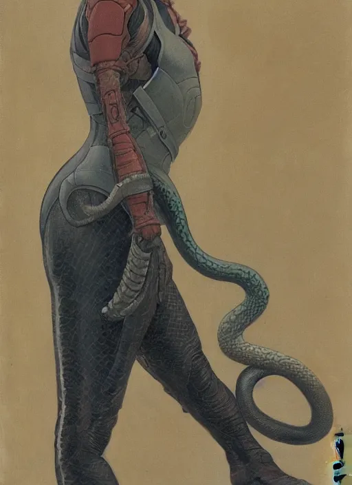 Prompt: a woman in a loving brace with a snake, ralph maquarrie
