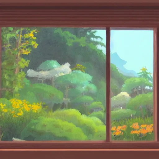 Prompt: an oil painting of a studio ghibli meadow view from a cozy window