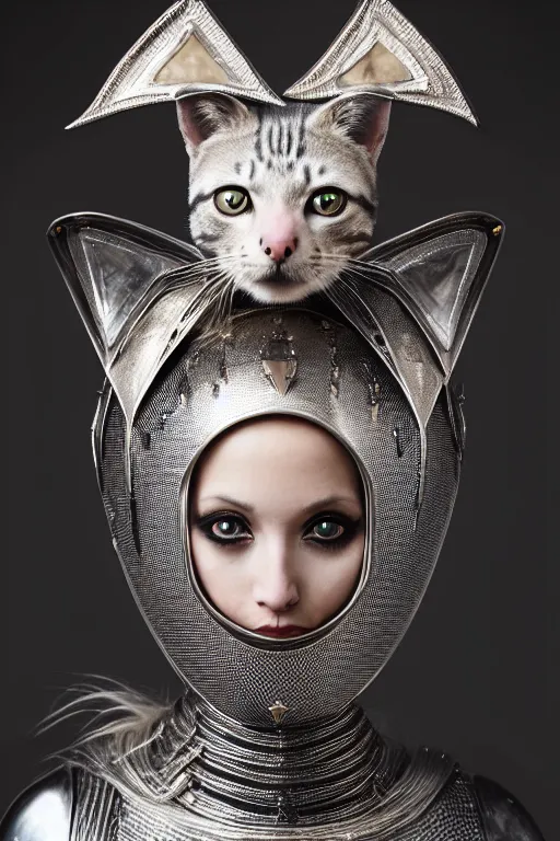 Image similar to female knight wearing a real cat on her head, armor designed by wayne barlowe, swarovski and tiffany, blonde hair, symmetry, sci - fi, cinematic, elegant, luxury, perfect light, perfect composition, dlsr photography, sharp focus, dark fantasy, 4 k, ultra hd, sense of awe, highly detailed, realistic, intricate