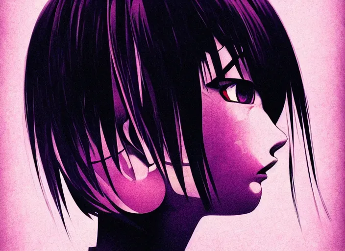 Image similar to editorial illustration colorful, anime portrait of shiina ringo, katsuhiro otomo, manga, ilya kuvshinov, fine texture, realistic shading, very anime, fine - face, ghost in the shell, fine details, matte colors, dramatic lighting, dynamic composition, mucha, moody, vivid, volumetric, stippled lighting, cinematic