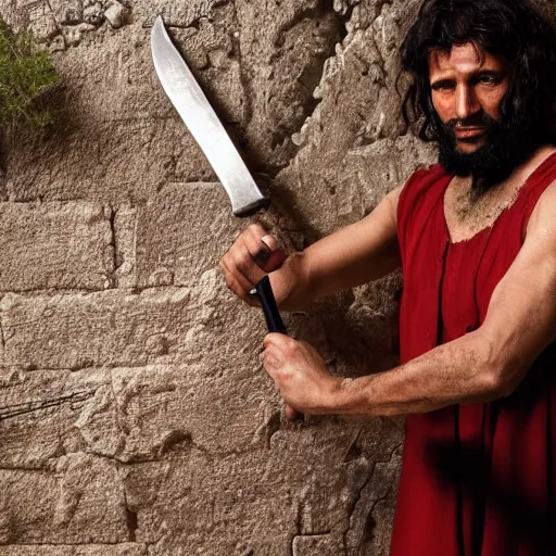 Prompt: award winning cinematic still of 40 year old Mediterranean skinned man in Ancient Canaanite clothing fixing a ruined, crumbled wall in Jerusalem, holding a sword and a chisel, dramatic lighting, strong shadows, red hues, directed by Ang Lee