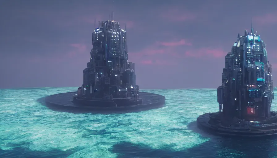 Image similar to a island in the middle of the ocean with a large cyberpunk tower on it, octane, redshift, volumetric lighting, reflections