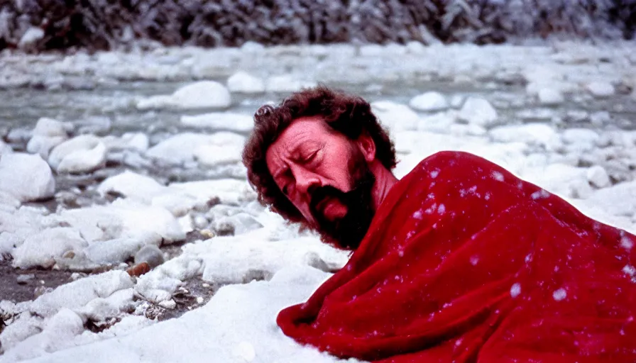 Image similar to 1 9 6 0 s movie still close up of marcus aurelius tired in a red royal toga frozen to death under the snow by the side of a river with gravel, pine forests, cinestill 8 0 0 t 3 5 mm, high quality, heavy grain, high detail, texture, dramatic light, anamorphic, hyperrealistic, detailed hair, foggy