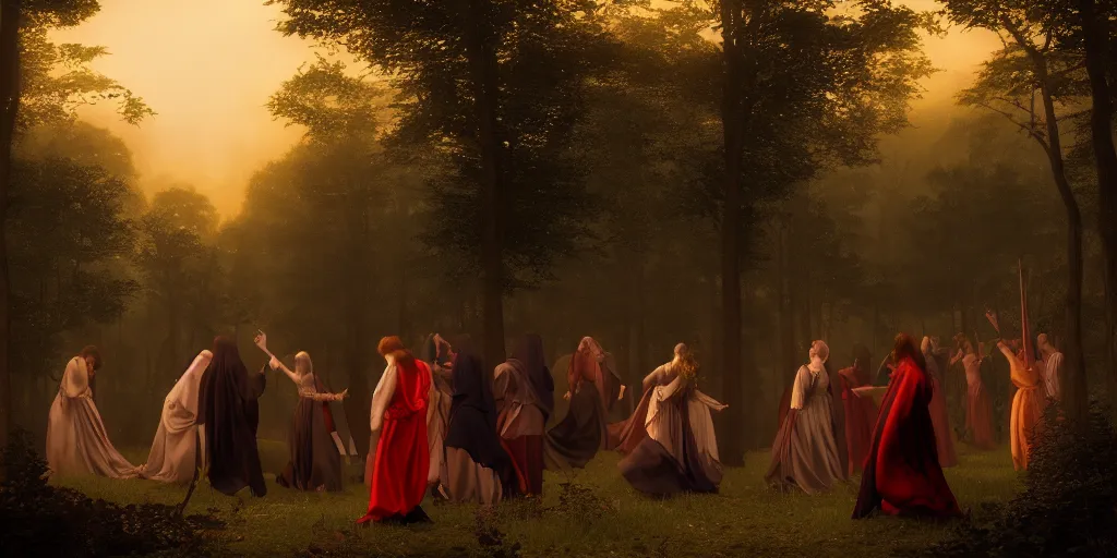 Prompt: masterpiece demons, vampires and witches dancing in the woods at dusk, edmund leighton, majestic, volumetric lighting, photorealistic, intricate, trending on artstation 8 k