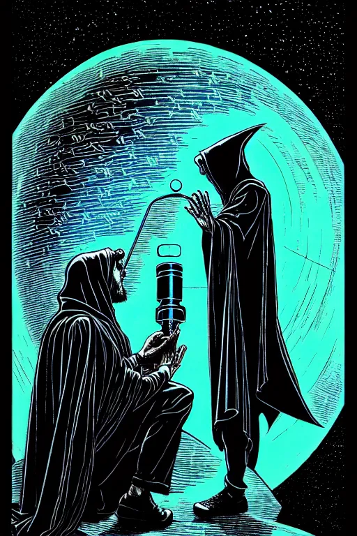 Prompt: cloaked wizard looking into a telescope, high details, intricately detailed, by vincent di fate, inking, 3 color screen print, masterpiece, trending on artstation,, sharp, details, hyper - detailed, hd, 4 k, 8 k