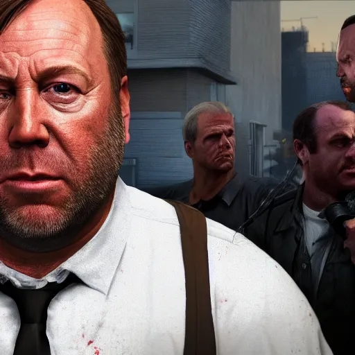 Image similar to hyperrealistic mixed media image of info wars alex jones as trevor in gta v, stunning 3 d render inspired art by xiang duan and thomas eakes and greg rutkowski, perfect facial symmetry, hyper realistic texture, realistic, highly detailed attributes and atmosphere, dim volumetric cinematic lighting, 8 k octane detailed render, post - processing, masterpiece,