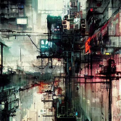 Image similar to a cyberpunk, wires, machines, in a dark future city by jeremy mann, francis bacon and agnes cecile, ink drips, paint smears, digital glitches glitchart c - 1 0