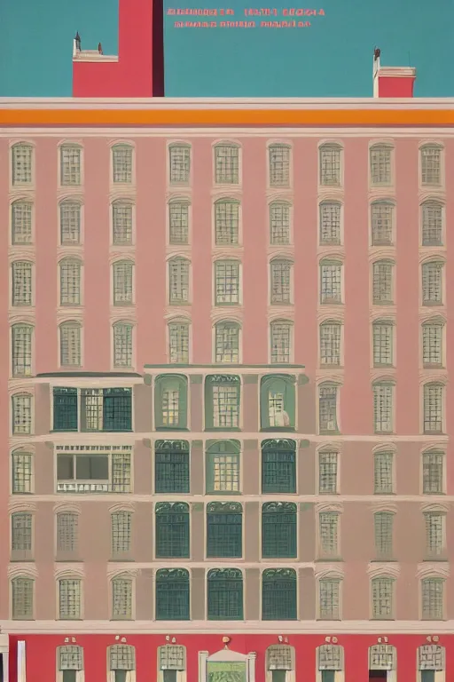 Prompt: scene from wes anderson factory building by helen lundeberg